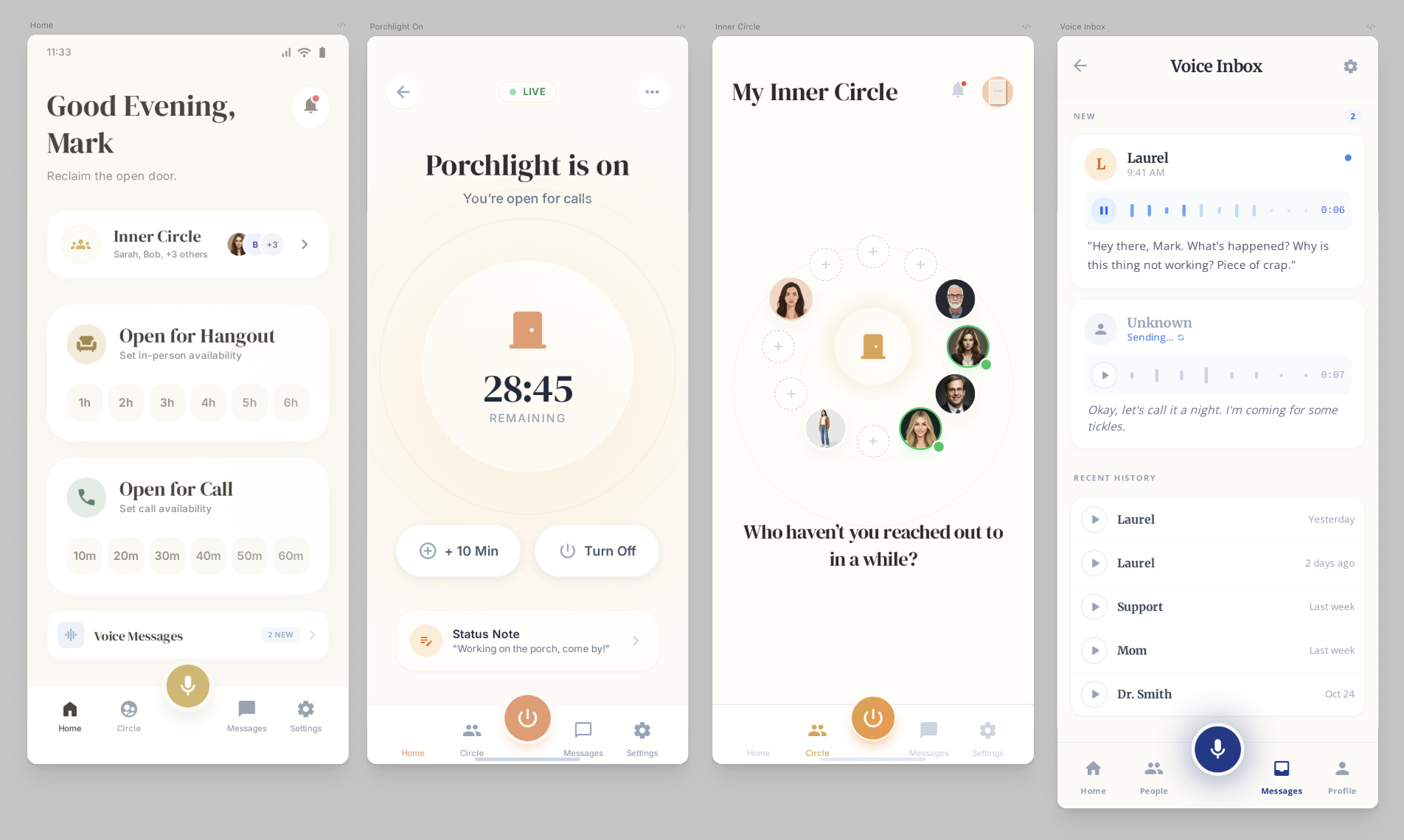 Porchlight app showing Home, Porchlight On, Inner Circle, and Voice Inbox screens